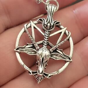 Baphomet inverted pentagram silver tone hook earrings